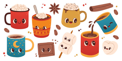Cute set of mugs with hot cocoa or coffee, marshmallows. For greeting cards, party invitations, posters or stickers