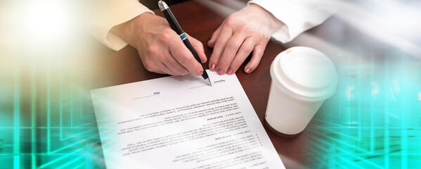 Hand of businesswoman signing a document (lorem ipsum text used); multiple exposure