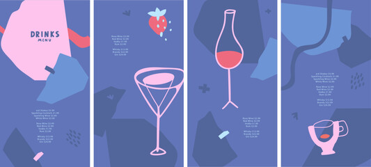 Vector drinks menu design template. Coffee. Wine. Cocktail. Set. For art template design, list, banner, booklet, flyer, card, poster. Abstract shape and lines. Pink and blue colors. For bar, cafe.