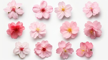 Set of collection: colorful Japanese cherry blossoms on a white background