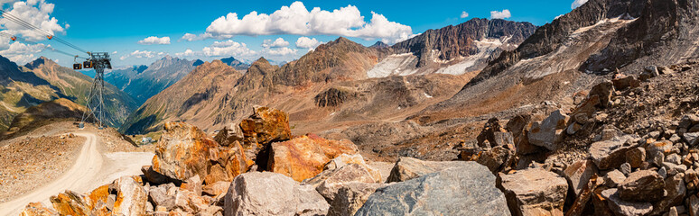 High resolution stitched alpine summer panorama at the famous Stubai Glacier, Mutterbergalm,...
