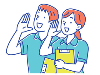 呼びかける介護士の若い男女