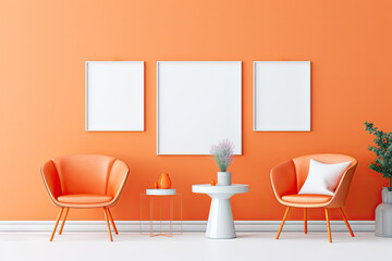 A modern, minimalist living room with white and orange accents, featuring contemporary furniture and decor.