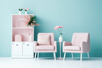 A modern living room adorned with a bright pink color scheme, stylish furniture, and decor, beautifully embellished with flowers.
