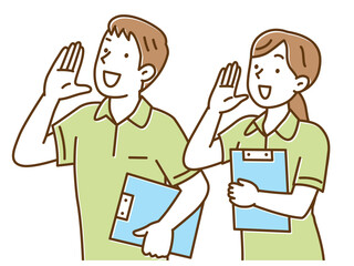 呼びかける介護士の若い男女