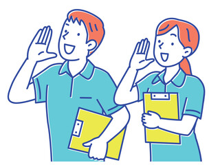 呼びかける介護士の若い男女