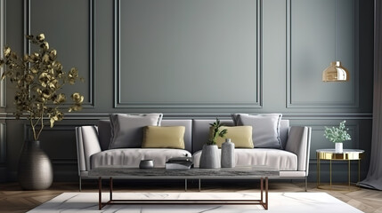 Stylish dark living room interior with gray sofa mock up, modern interior background. Generative Ai