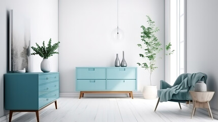 White sideboard in living room interior with copy space. Generative Ai