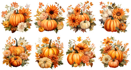 Pumpkin and autumn flower watercolor illustration clipart. Generative AI