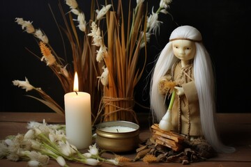 Celebration of Imbolc, a corn husk doll, white flowers, a bowl of milk, and candles. Pagan holiday in February - obrazy, fototapety, plakaty