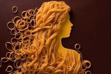 A portrait of a young woman made of various types of pasta, and spaghetti, showcasing creative culinary food art and a unique approach to portraiture.