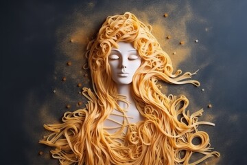 A portrait of a young woman made of various types of pasta, and spaghetti, showcasing creative culinary food art and a unique approach to portraiture.