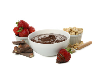 PNG, fondue, plate with chocolate and strawberries, isolated on white background.