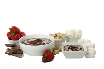 PNG, fondue, plate with chocolate and strawberries, isolated on white background.