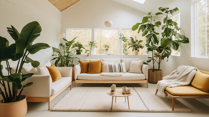Fototapeta premium Warm and minimalist interior spaces with vibrant houseplants and natural light