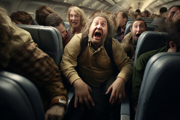Chaos Unleashed as Passengers React to Airplane Turbulence in a Plane. Ai generated - obrazy, fototapety, plakaty