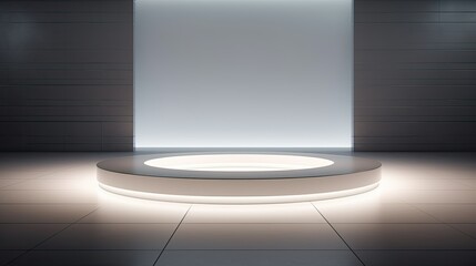 White round podium in empty stylish hall with light