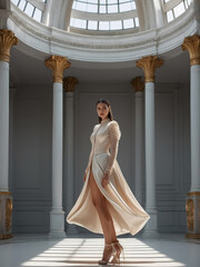 Fototapeta premium Three quarter front shot of lady in a jumpsuit. The jumpsuit is made of glossy fabric with long sleeves. The model looks directly into the camera.