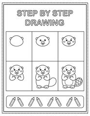 Beaver. Book page, drawing step by step. Black and white vector coloring page.