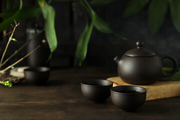 Obraz na płótnie Canvas The concept of Asian tea, on a dark background with plants.