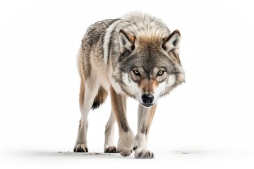 Fototapeta premium Lone gray wolf, a symbol of untamed wilderness, standing in winter snow, fierce and beautiful.