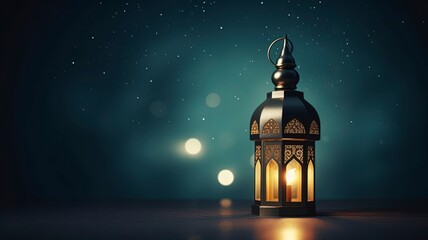 Ramadan kareem islamic mosque lantern with moon, Eid mubarak greeting, copy space with generative ai - obrazy, fototapety, plakaty