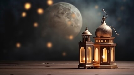 Fototapeta premium Ramadan kareem islamic mosque lantern with moon, Eid mubarak greeting, copy space with generative ai