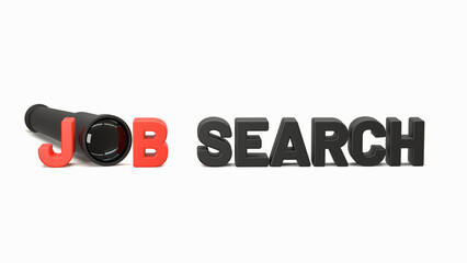 Job Search text on white background with telescope indicating Concept of finding - 3d illustration.