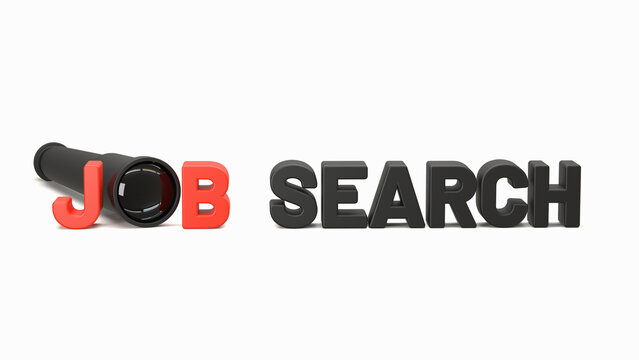 Job Search text on white background with telescope indicating Concept of finding - 3d illustration.