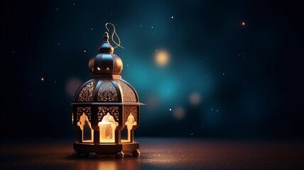 Ramadan kareem islamic mosque lantern with moon, Eid mubarak greeting, copy space with generative ai