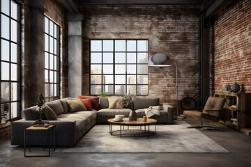 Living room interior in loft, industrial style 3d rendering. generative ai.