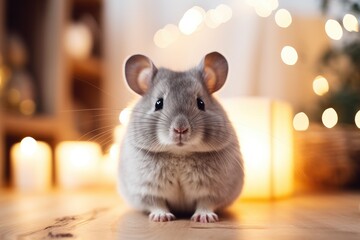 A gray and white rat sitting on a table. Generative AI.