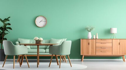 Mint color chairs at round wooden dining table in room with sofa and cabinet near green wall. generative ai.