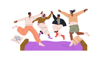Happy homosexual family, gay fathers and sons jumping on bed. Cheerful excited African-American brothers, men and boys having fun at home. Flat vector illustration isolated on white background