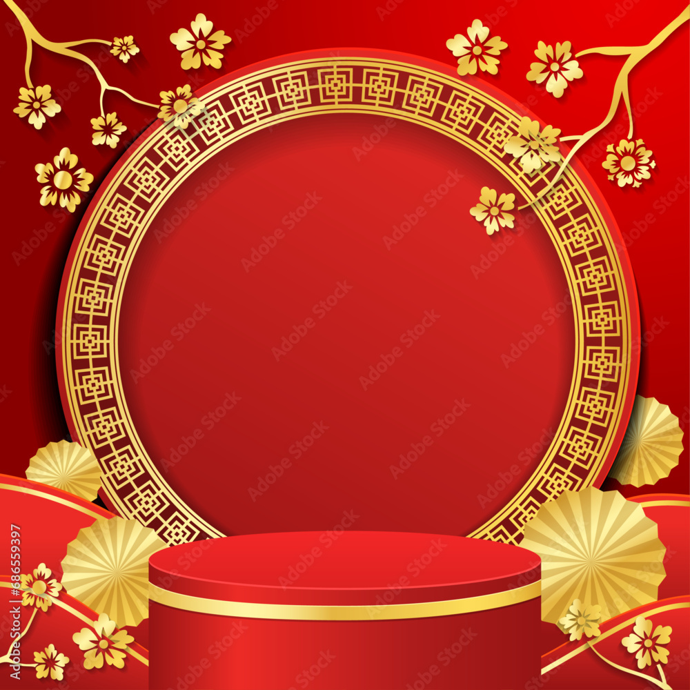 Wall mural Chinese New Year Product Display Design With Flower and Asian Ornament