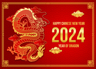 Chinese New Year 2024 Year of Dragon with Red and Gold Asian Element