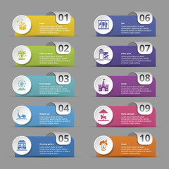 Infographics with Amusment Park theme icons, 10 steps. Such as focus, chain carousel, ferris wheel, bumper car and more.