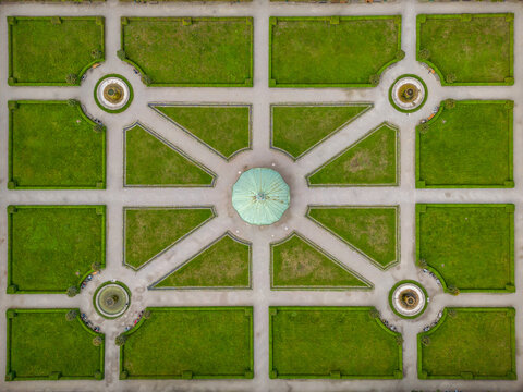 Aerial Top Hofgarten Court Garden center Munich Germany located between Residenz and Englischer Garten green meadows
