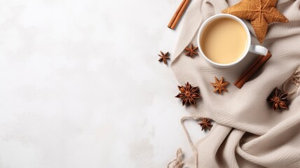 Fototapeta na wymiar Autumn or winter composition. Gift box Coffee cup, cinnamon sticks, anise stars, beige sweater with knitted blanket on cream color gray fluffy background with generative ai