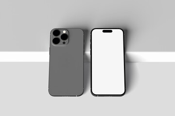 Smartphone with a blank screen on a white background. Phone on the table. 3d render