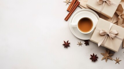 Autumn or winter composition. Gift box Coffee cup, cinnamon sticks, anise stars, beige sweater with knitted blanket on cream color gray fluffy background with generative ai