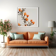 Elegant Tan Leather Couch with Floral Wall Art and Plant