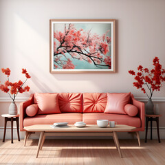 Minimalist Living Room with Coral Sofa and Cherry Blossoms