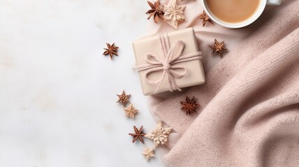 Autumn or winter composition. Gift box Coffee cup, cinnamon sticks, anise stars, beige sweater with knitted blanket on cream color gray fluffy background with generative ai