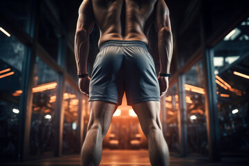 Back view of fit man legs wearing sportswear in gym workout. Healthy lifestyle, fitness and sport