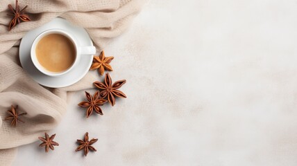 Autumn or winter composition. Gift box Coffee cup, cinnamon sticks, anise stars, beige sweater with knitted blanket on cream color gray fluffy background with generative ai - obrazy, fototapety, plakaty