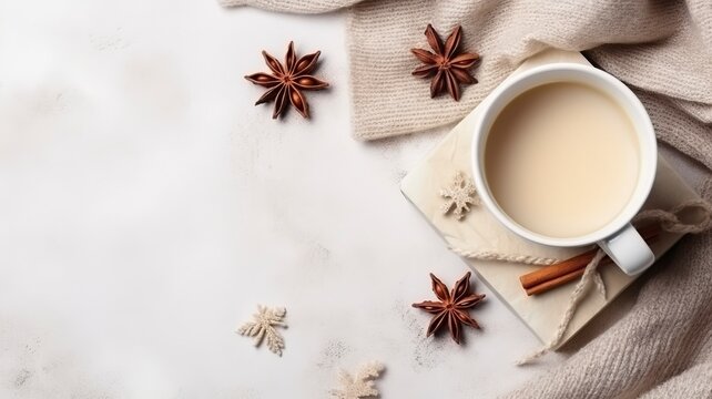 Autumn or winter composition. Gift box Coffee cup, cinnamon sticks, anise stars, beige sweater with knitted blanket on cream color gray fluffy background with generative ai