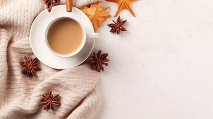 Autumn or winter composition. Gift box Coffee cup, cinnamon sticks, anise stars, beige sweater with knitted blanket on cream color gray fluffy background with generative ai