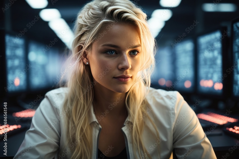 Poster a blonde hacker woman works at a computer in an office with a lot of modern equipment and technologi