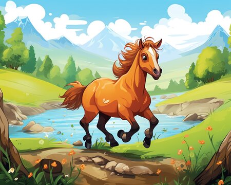 a cartoon of a horse running on a river